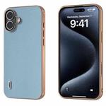 For iPhone 16 ABEEL Electroplated Frame Genuine Leather Elegant Phone Case(Sky Blue)