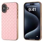 For iPhone 16 Plus Electroplated Frame Woven Texture PU Phone Case(Pink)