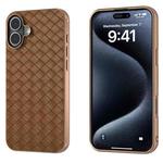 For iPhone 16 Plus Electroplated Frame Woven Texture PU Phone Case(Brown)