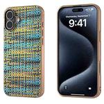 For iPhone 16 Plus Electroplated Frame Color Lattice Texture PU Phone Case(Gold)