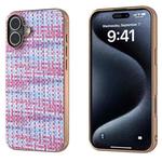 For iPhone 16 Plus Electroplated Frame Color Lattice Texture PU Phone Case(Purple)