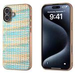 For iPhone 16 Electroplated Frame Color Lattice Texture PU Phone Case(Blue)