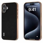 For iPhone 16 Plus ABEEL Electroplated Frame Genuine Leather Wave Phone Case(Black)