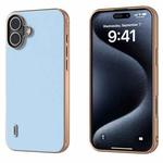 For iPhone 16 Plus ABEEL Electroplated Frame Genuine Leather Wave Phone Case(Blue)