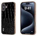 For iPhone 16 Plus ABEEL Electroplated Frame Genuine Leather Crocodile Pattern Phone Case(Black)