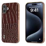 For iPhone 16 Plus ABEEL Electroplated Frame Genuine Leather Crocodile Pattern Phone Case(Coffee)