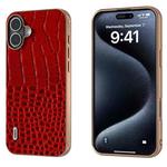 For iPhone 16 Plus ABEEL Electroplated Frame Genuine Leather Crocodile Pattern Phone Case(Red)