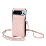 For Google Pixel 9 / 9 Pro Rhombic Texture Card Bag RFID Phone Case with Long Lanyard(Rose Gold)