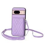 For Google Pixel 8a Rhombic Texture Card Bag RFID Phone Case with Long Lanyard(Light Purple)