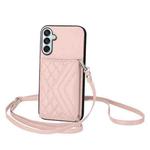 For Samsung Galaxy F15 / M15 Rhombic Texture Card Bag RFID Phone Case with Long Lanyard(Rose Gold)