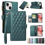 For iPhone 15 Plus Rhombic Zipper Wallet Leather Phone Case(Green)