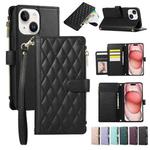 For iPhone 15 Plus Rhombic Zipper Wallet Leather Phone Case(Black)