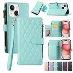 For iPhone 15 Rhombic Zipper Wallet Leather Phone Case(Cyan)