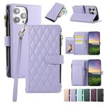 For iPhone 14 Pro Rhombic Zipper Wallet Leather Phone Case(Purple)