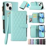 For iPhone 13 Rhombic Zipper Wallet Leather Phone Case(Cyan)