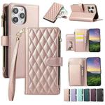 For iPhone 11 Pro Max Rhombic Zipper Wallet Leather Phone Case(Rose Gold)
