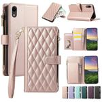 For iPhone XR Rhombic Zipper Wallet Leather Phone Case(Rose Gold)