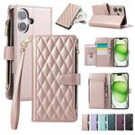 For iPhone 16 Plus Rhombic Zipper Wallet Leather Phone Case(Rose Gold)