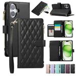 For iPhone 16 Plus Rhombic Zipper Wallet Leather Phone Case(Black)