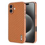 For iPhone 16 AZNS Electroplated Edge Carbon Fiber Texture Phone Case(Brown)