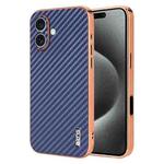 For iPhone 16 AZNS Electroplated Edge Carbon Fiber Texture Phone Case(Blue)