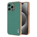 For iPhone 15 Pro AZNS Electroplated Edge Carbon Fiber Texture Phone Case(Green)