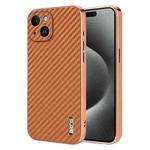 For iPhone 15 Plus AZNS Electroplated Edge Carbon Fiber Texture Phone Case(Brown)