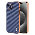 For iPhone 15 Plus AZNS Electroplated Edge Carbon Fiber Texture Phone Case(Blue)