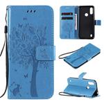 For Motorola Moto E6s (2020) Tree & Cat Embossed Pattern Horizontal Flip Leather Case with Holder & Card Slots & Wallet & Lanyard(Blue)