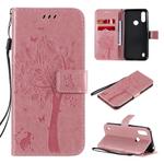 For Motorola Moto E6s (2020) Tree & Cat Embossed Pattern Horizontal Flip Leather Case with Holder & Card Slots & Wallet & Lanyard(Pink)