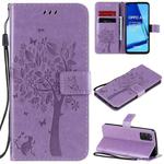 For Oppo A52 / A72 / A92 Tree & Cat Embossed Pattern Horizontal Flip Leather Case with Holder & Card Slots & Wallet & Lanyard(Light Purple)