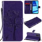 For Oppo A52 / A72 / A92 Tree & Cat Embossed Pattern Horizontal Flip Leather Case with Holder & Card Slots & Wallet & Lanyard(Purple)