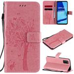 For Oppo A52 / A72 / A92 Tree & Cat Embossed Pattern Horizontal Flip Leather Case with Holder & Card Slots & Wallet & Lanyard(Pink)