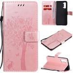 For Oppo Reno3 5G/ Find X2 Lite Tree & Cat Embossed Pattern Horizontal Flip Leather Case with Holder & Card Slots & Wallet & Lanyard(Rose Gold)