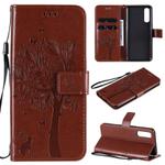 For Oppo Reno3 Pro 4G Tree & Cat Embossed Pattern Horizontal Flip Leather Case with Holder & Card Slots & Wallet & Lanyard(Coffee)