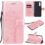 For Oppo Reno3 Pro 4G Tree & Cat Embossed Pattern Horizontal Flip Leather Case with Holder & Card Slots & Wallet & Lanyard(Rose Gold)