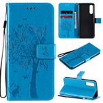 For Oppo Reno3 Pro 4G Tree & Cat Embossed Pattern Horizontal Flip Leather Case with Holder & Card Slots & Wallet & Lanyard(Blue)