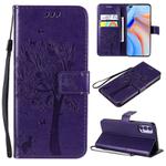 For Oppo Reno4 5G Tree & Cat Embossed Pattern Horizontal Flip Leather Case with Holder & Card Slots & Wallet & Lanyard(Purple)