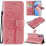 For Oppo Reno4 5G Tree & Cat Embossed Pattern Horizontal Flip Leather Case with Holder & Card Slots & Wallet & Lanyard(Pink)