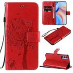 For Oppo Reno4 5G Tree & Cat Embossed Pattern Horizontal Flip Leather Case with Holder & Card Slots & Wallet & Lanyard(Red)