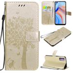 For Oppo Reno4 5G Tree & Cat Embossed Pattern Horizontal Flip Leather Case with Holder & Card Slots & Wallet & Lanyard(Gold)