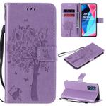 For Oppo Reno4 Pro 5G Tree & Cat Embossed Pattern Horizontal Flip Leather Case with Holder & Card Slots & Wallet & Lanyard(Light Purple)