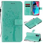 For Oppo Reno4 Pro 5G Tree & Cat Embossed Pattern Horizontal Flip Leather Case with Holder & Card Slots & Wallet & Lanyard(Green)