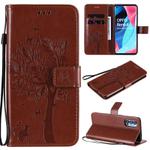 For Oppo Reno4 Pro 5G Tree & Cat Embossed Pattern Horizontal Flip Leather Case with Holder & Card Slots & Wallet & Lanyard(Coffee)