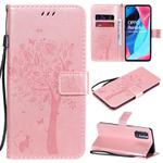 For Oppo Reno4 Pro 5G Tree & Cat Embossed Pattern Horizontal Flip Leather Case with Holder & Card Slots & Wallet & Lanyard(Rose Gold)