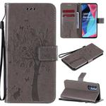 For Oppo Reno4 Pro 5G Tree & Cat Embossed Pattern Horizontal Flip Leather Case with Holder & Card Slots & Wallet & Lanyard(Grey)