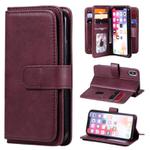 For iPhone XS / X Multifunctional Magnetic Copper Buckle Horizontal Flip Solid Color Leather Case with 10 Card Slots & Wallet & Holder & Photo Frame(Wine Red)