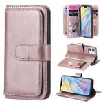 For iPhone 12 mini Multifunctional Magnetic Copper Buckle Horizontal Flip Solid Color Leather Case with 10 Card Slots & Wallet & Holder & Photo Frame(Rose Gold)