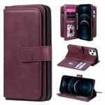 For iPhone 12 Pro Max Multifunctional Magnetic Copper Buckle Horizontal Flip Solid Color Leather Case with 10 Card Slots & Wallet & Holder & Photo Frame(Wine Red)