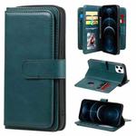 For iPhone 12 Pro Max Multifunctional Magnetic Copper Buckle Horizontal Flip Solid Color Leather Case with 10 Card Slots & Wallet & Holder & Photo Frame(Dark Green)